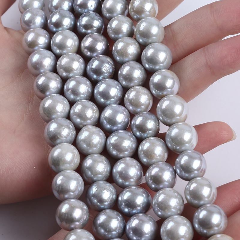 Dây Ngọc Trai Tự Nhiên Màu Xám Hình Tròn 10-13mm Làm Trang Sức