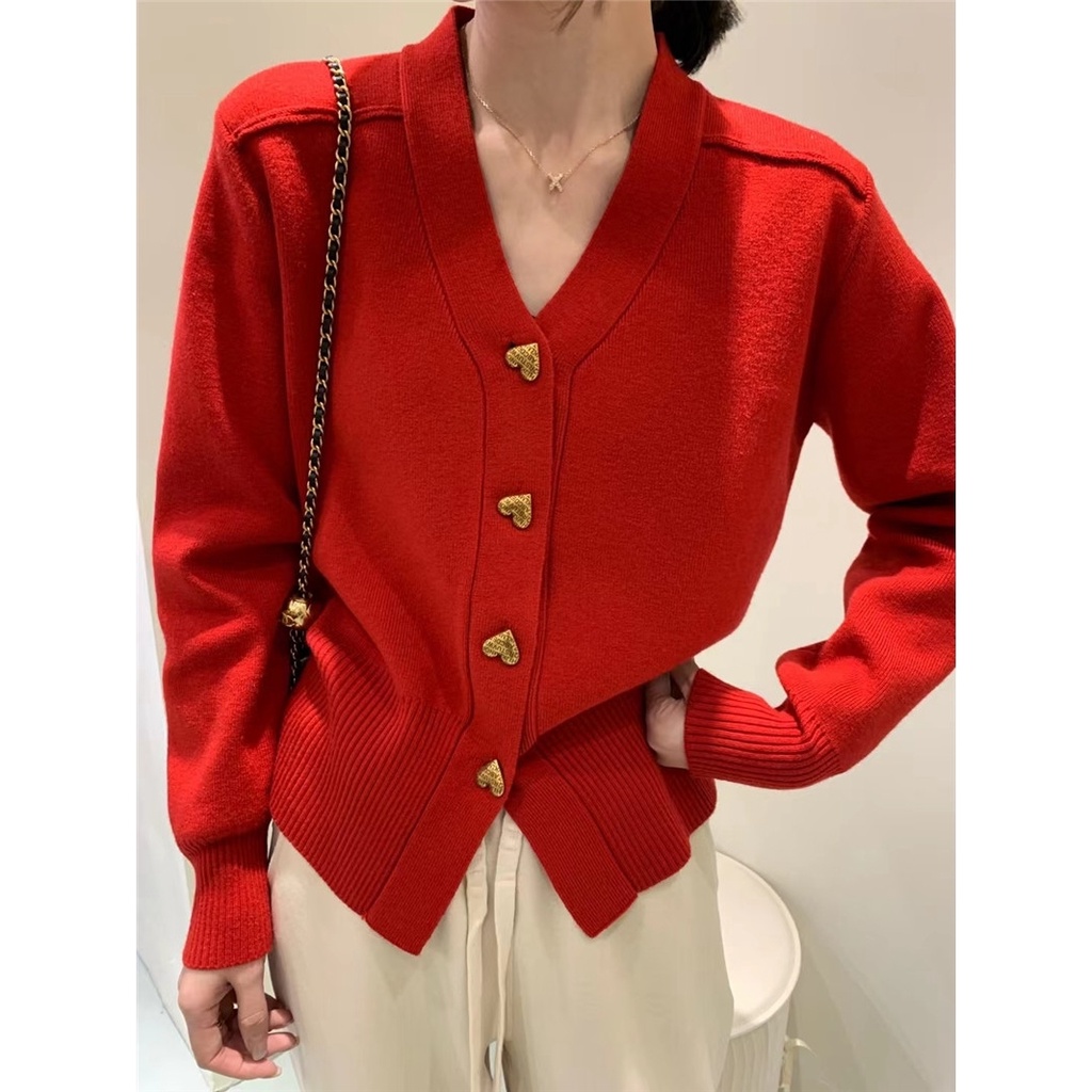 Áo Khoác Cardigan Dệt Kim Cổ Chữ V Phối Hàng Nút Hình Trái Tim Xinh Xắn Cho Nữ