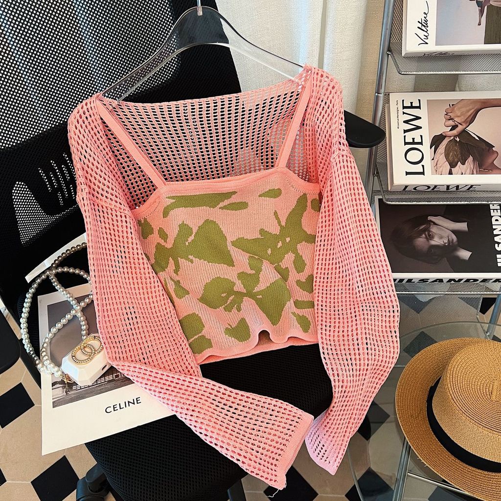 Bộ Áo Dệt Kim Hai Dây + Áo Khoác Dệt Kim Họa Tiết Hoa Màu Sắc Tương Phản Xinh Xắn