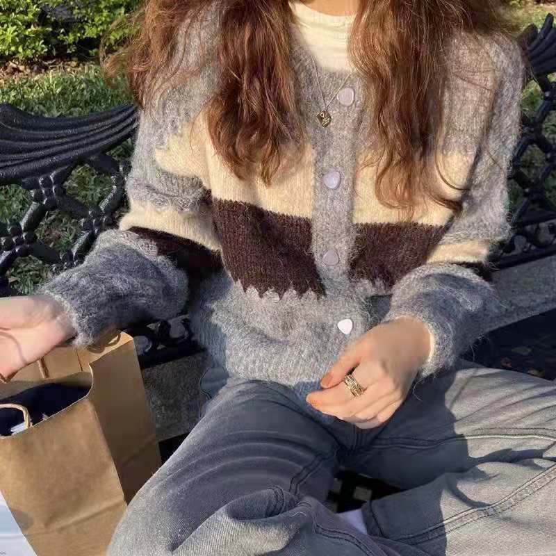 Áo khoác cardigan dệt kim tay dài màu sắc tương phản phong cách vintage cho nữ
