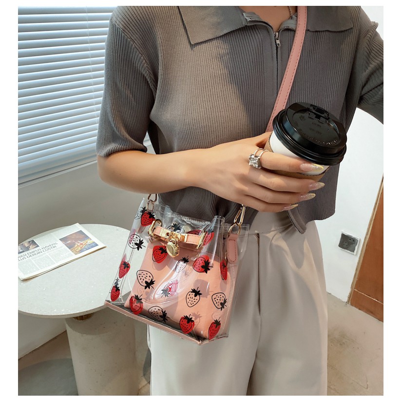 Women's Bag Messenger Bag 2021 New Tide Net Red Summer Strawberry Jelly Transparent Bag Fashion Water Bucket Ladies Shou