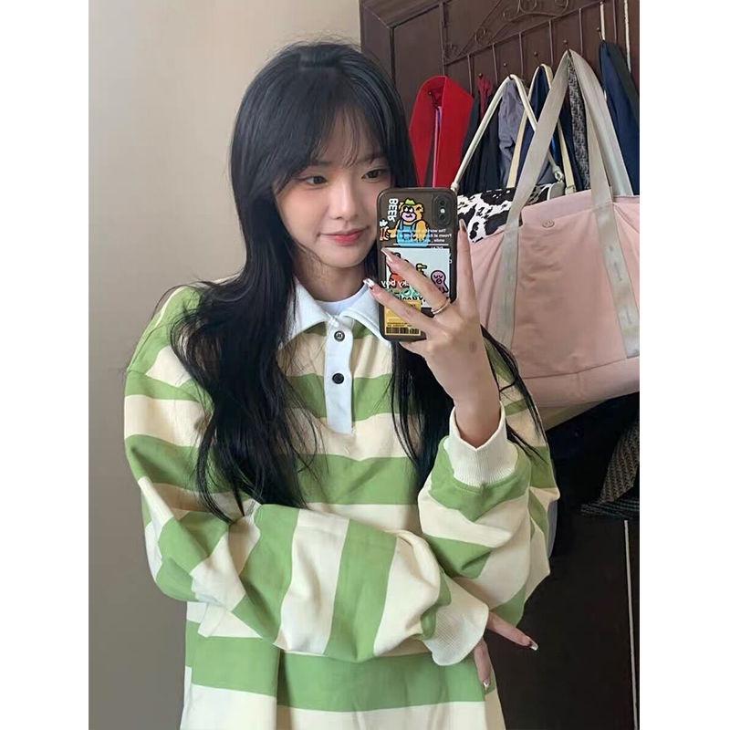 Áo Thun Sweater Mỏng Tay Dài Cổ Polo Dáng Rộng Kẻ Sọc Xinh Xắn Cho Nữ