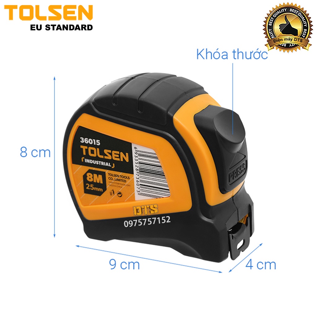 Thước cuộn tự động 8m TOLSEN, thước kéo thép nền vàng công nghiệp vỏ nhựa ABS chống va đập phủ TPR - Tiêu chuẩn châu Âu