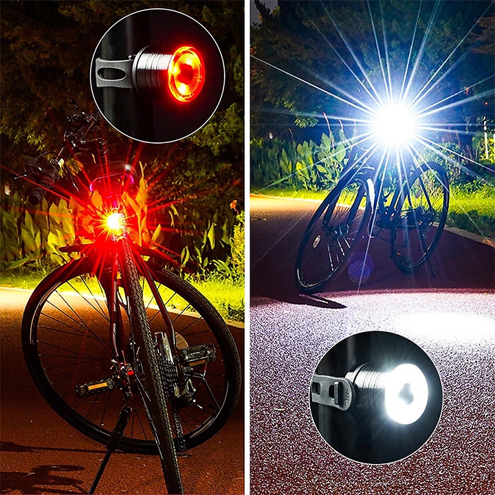 Đèn hậu xe đạp thể thao tròn đèn LED Ruby cảnh báo siêu sáng chống nước 3 chế độ nháy vỏ hợp kim nhôm gắn trước và đuôi