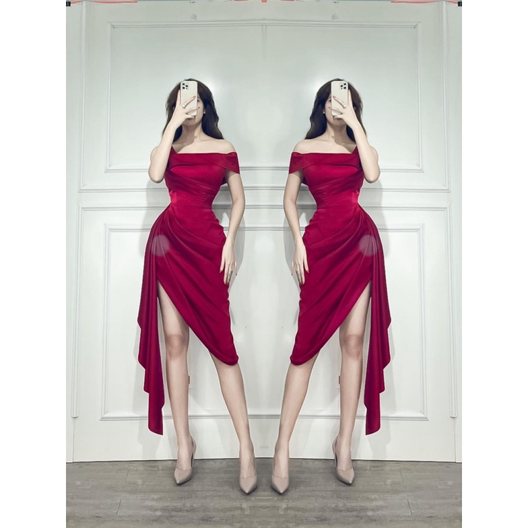 Mẫu THiết Kế Hợp Thời Trang Siêu HOT--- Đầm POLY 2 Da Lệch Váy, Lêch Vai Siêu Hack Dáng UP