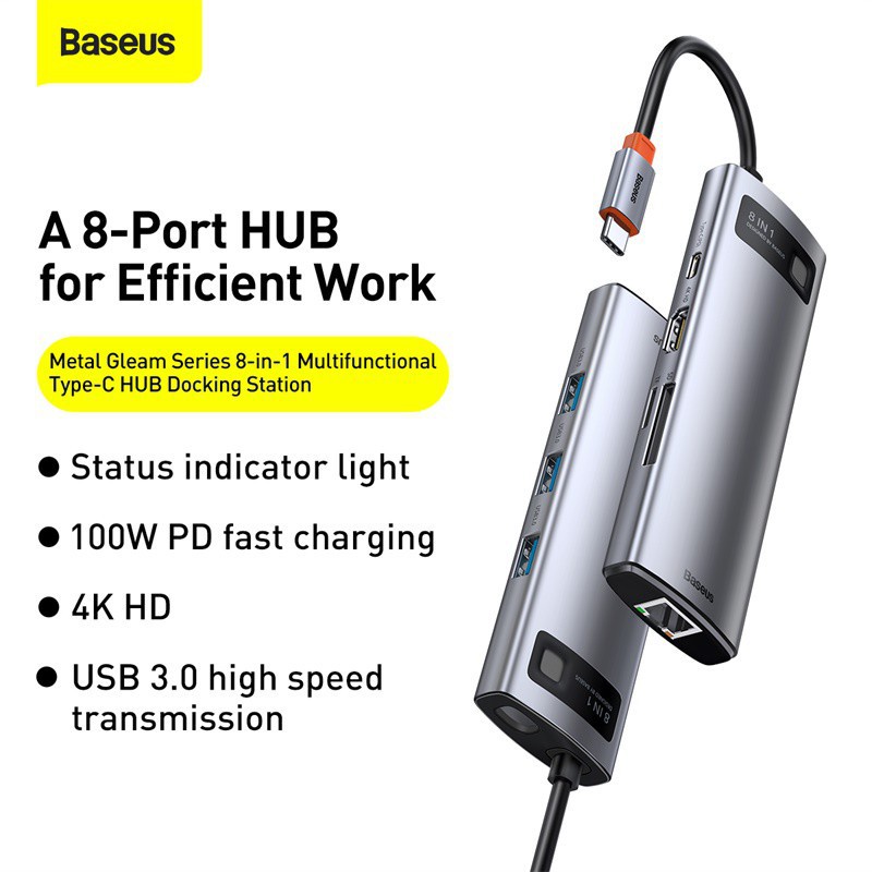 Hub Chuyển Đổi Đa Năng 4 - 9 Cổng Baseus Metal Gleam Series Multifunctional Type-C To HDMI/USB3.0/RJ45/SD Card &amp; More