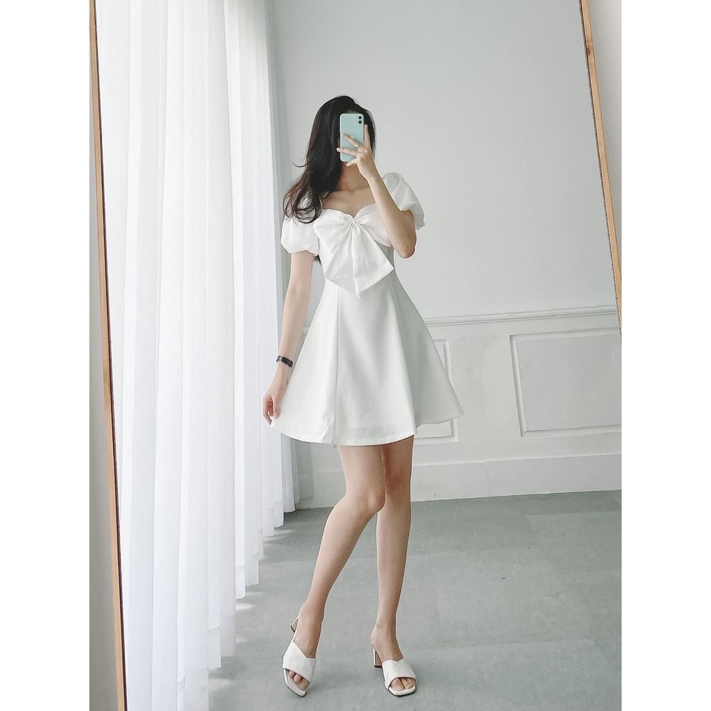 Đầm dạo phố dáng xòe nhẹ tay bồng phối nơ xinh xắn - BiBi Dress