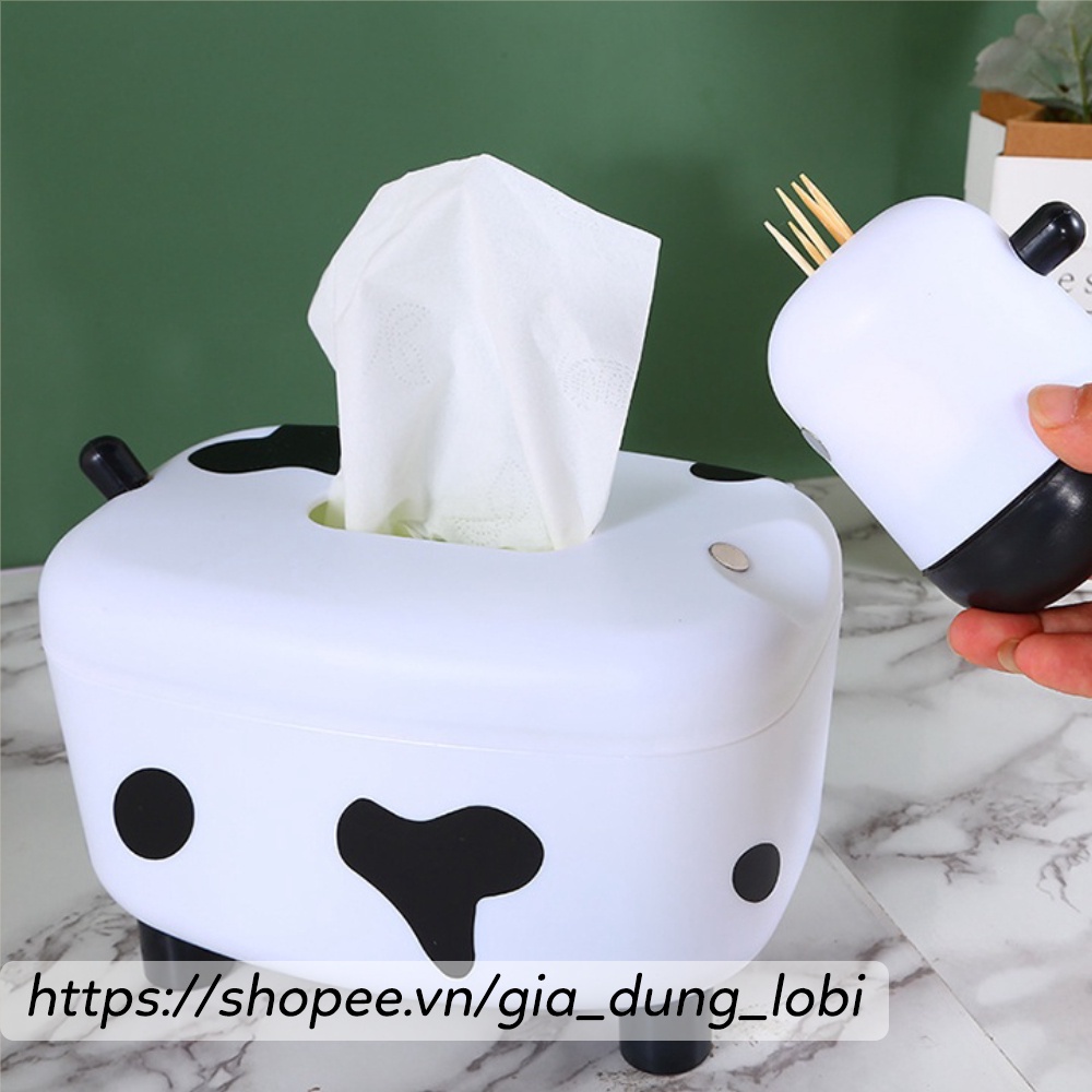 Hộp khăn giấy và lọ đựng tăm 2in1 hình bò sữa dễ thương Hộp đựng giấy ăn chất liệu nhựa PS dán decal