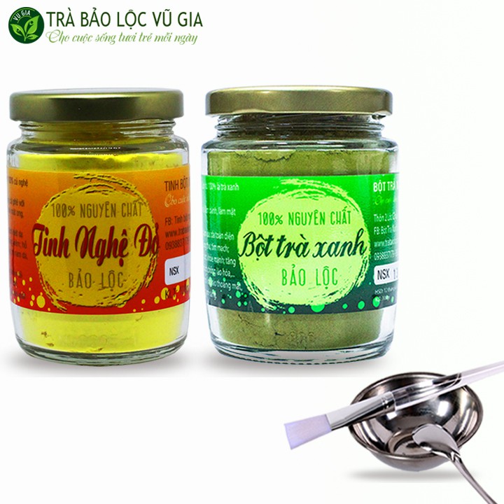 Bột Trà Xanh Nguyên Chất 100g  + Tinh Nghệ Đỏ Nguyên Chất 100g - Vũ Gia + Tặng Bộ Đắp Mặt - Đã được kiểm nghiệm y tế