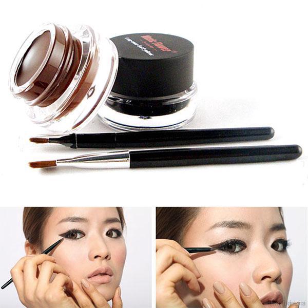 Set 2 gel kẻ mắt màu nâu và đen + 2 cọ trang điểm nhanh chóng lâu trôi | BigBuy360 - bigbuy360.vn