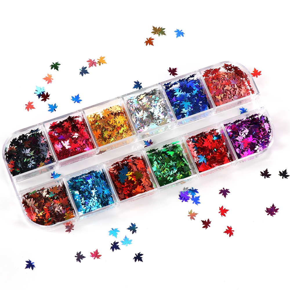 Hộp phụ kiện trang trí móng tay nghệ thuật hình lá rơi 3D nhiều màu sắc OKDEALS 12 ngăn DIY tiện lợi