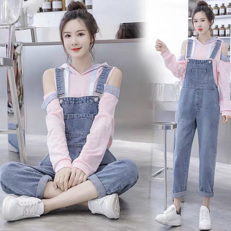 Quần yếm jean dài trơn JohnsonLi, vải denim mềm mịn, không co giãn, JL04