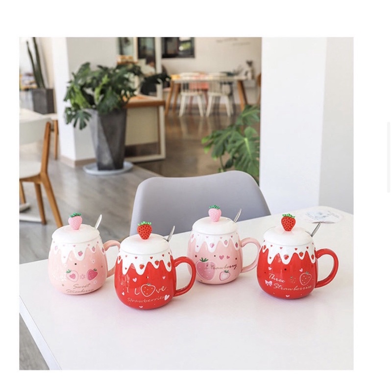 [Hàng mới về] Ly Cốc Sứ Trái Dâu Strawberry kèm nắp đậy và thìa