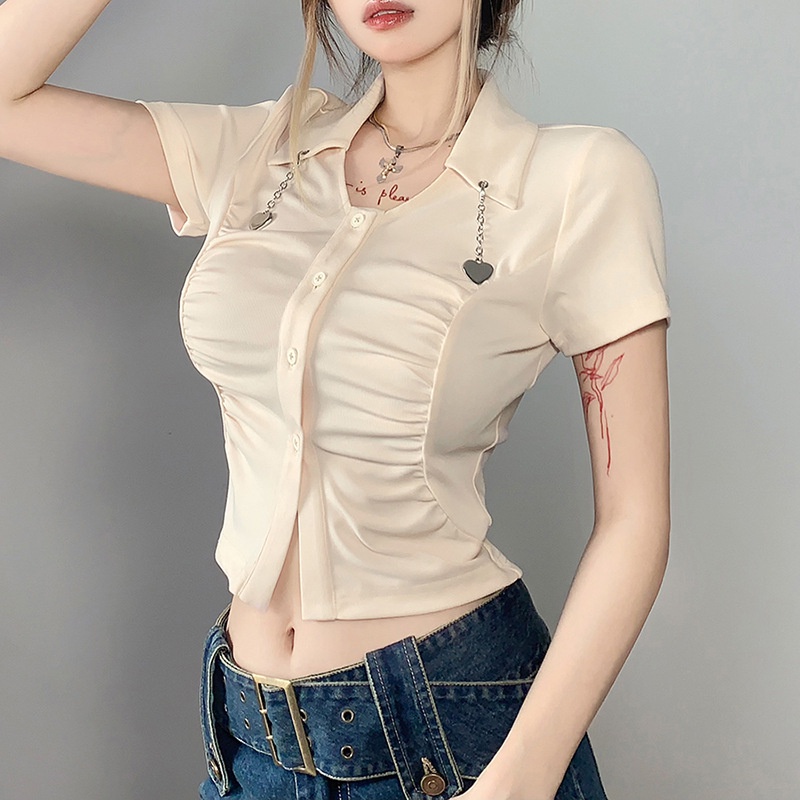Áo Thun Ngắn Tay Phối Nút Và Dây Xích Thời Trang Cho Nữ