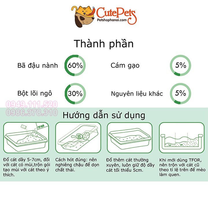 Cát vệ sinh mèo đậu nành hữu cơ đổ được bồn cầu TFOR 6L - phukienthucung