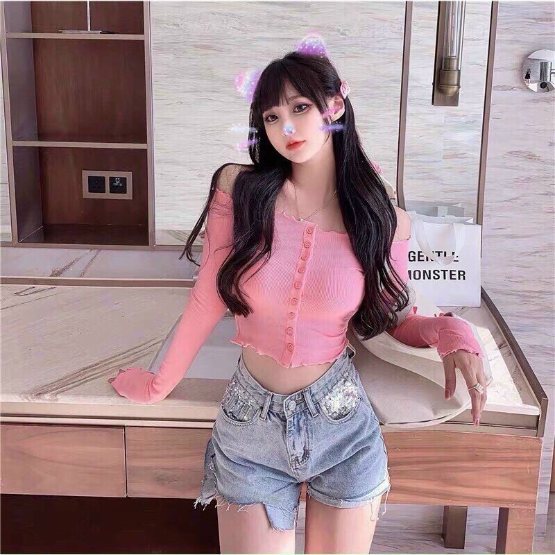 Áo Croptop Kiểu Nữ Trễ Vai Tay Dài Phối Nút Chất Thun Lụa Mịn Đẹp - AK0029 | bear.story