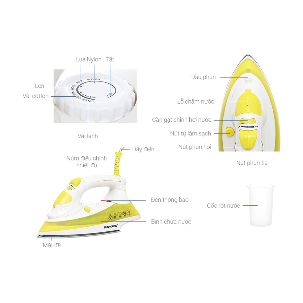 Bàn là Hơi nước Sunhouse SHD2067 - Tự động ngắt nhiệt- màu vàng