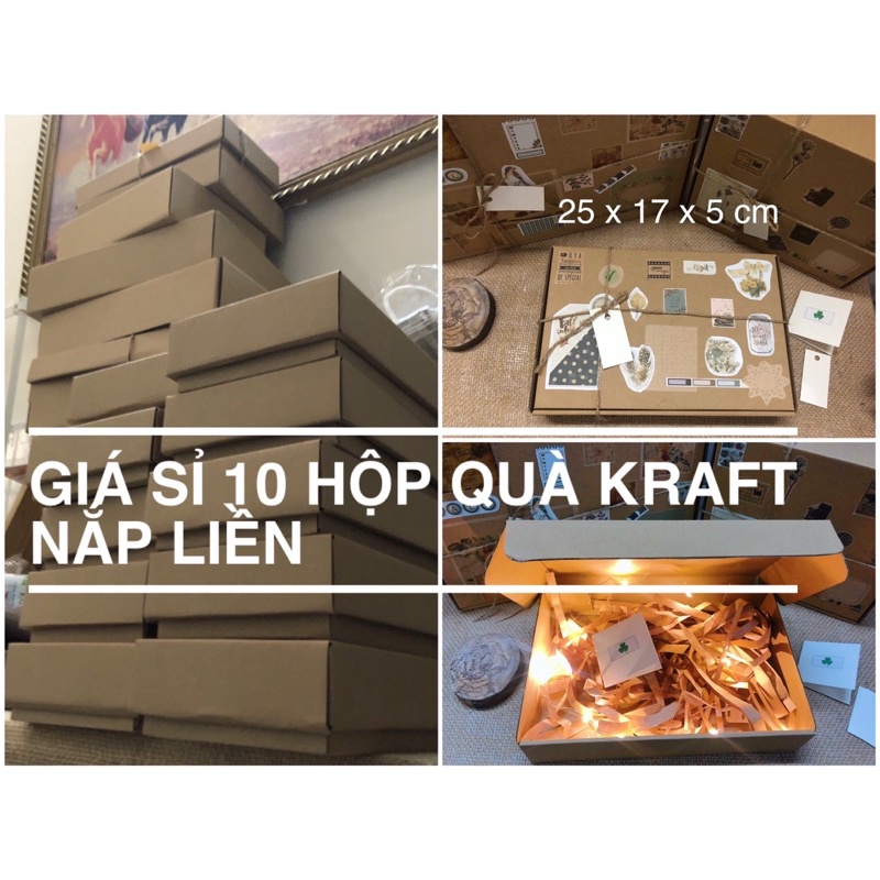 [Sỉ] 10 hộp quà vintage kraft nắp liền tặng kèm rơm, dây và thiệp mini