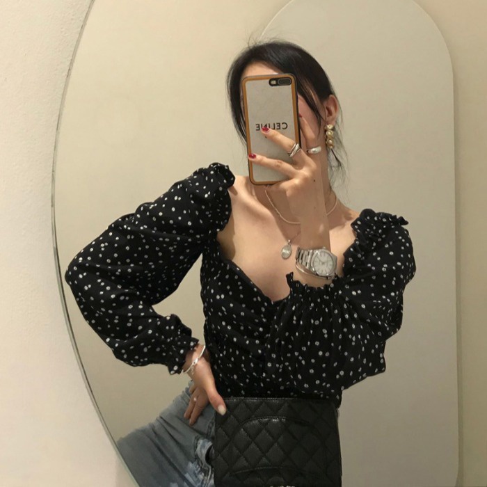 Linki ✪ Áo Kiểu Tay Dài Cổ Vuông In Họa Tiết Hoa Thời Trang Retro Xinh Xắn Cho Nữ