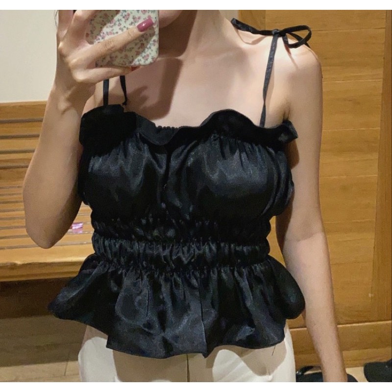 (CÓ SẴN - ẢNH THẬT) ÁO HAI DÂY CỘT NƠ THUN RÚT STYLE HÀN QUỐC