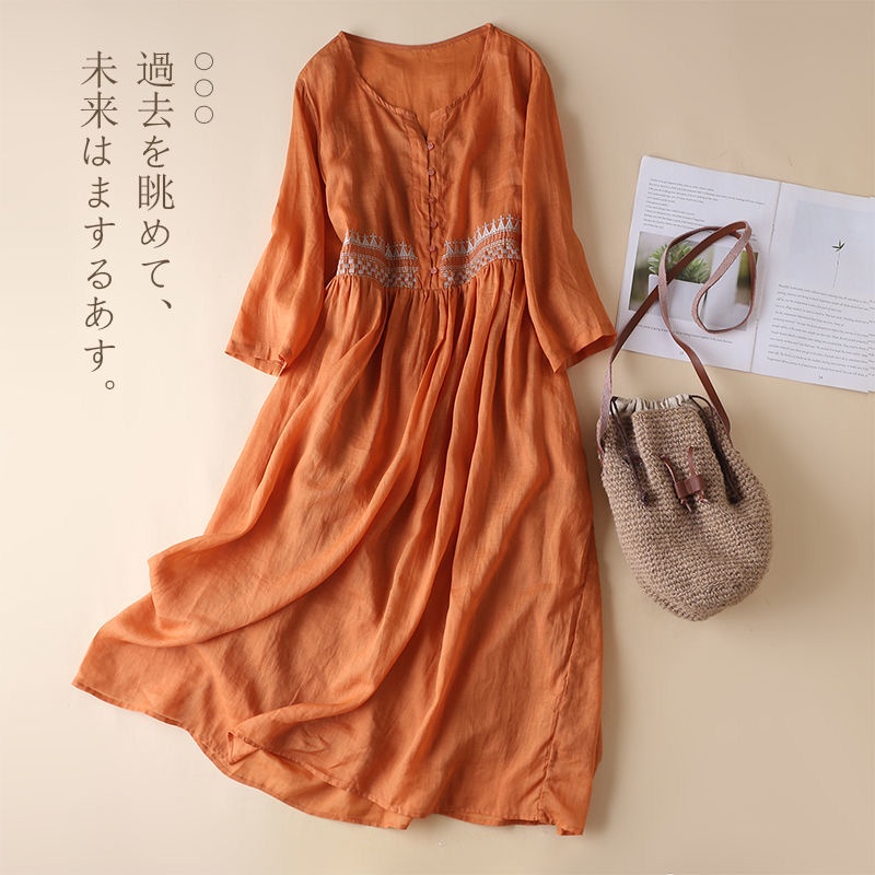 Đầm Cotton Dài Tay Lửng Cổ Tròn Thêu Họa Tiết Phong Cách Dân Tộc Dành Cho Nữ