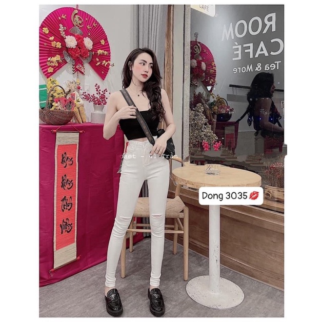 Quần Skinny trắng rách gối cạp cao phom ôm co dãn