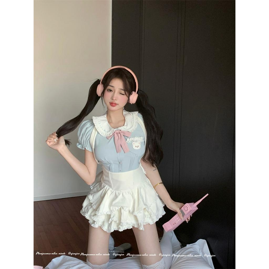 Cocory vn Bộ Áo Tay Phồng Cổ Búp Bê / Chân Váy Lưng Cao Xếp Tầng Đáng Yêu Thời Trang Cho Nữ