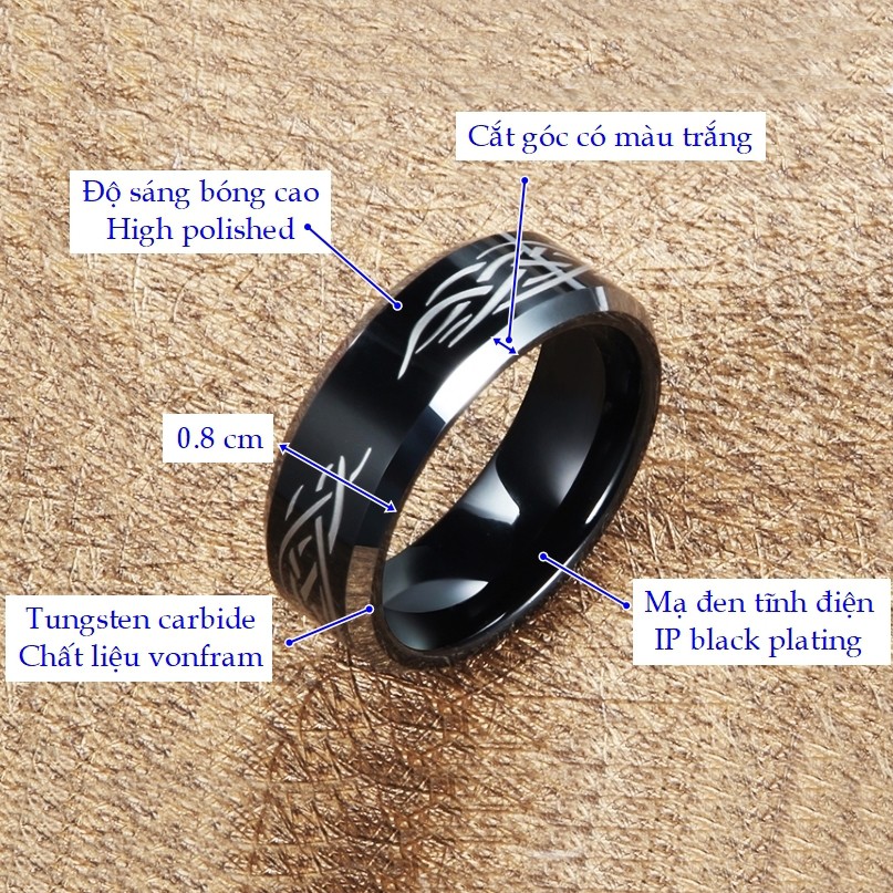 Nhẫn nam trơn đen kèm hoa văn trắng chất liệu vonfram cao cấp không gỉ bề mặt 8 mm