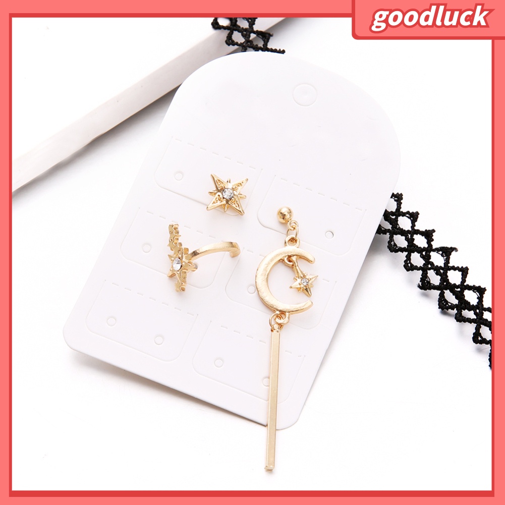 Set 3 Khuyên Tai Xỏ Hình Mặt Trăng / Ngôi Sao Đính Đá Thời Trang Cho Phụ Nữ