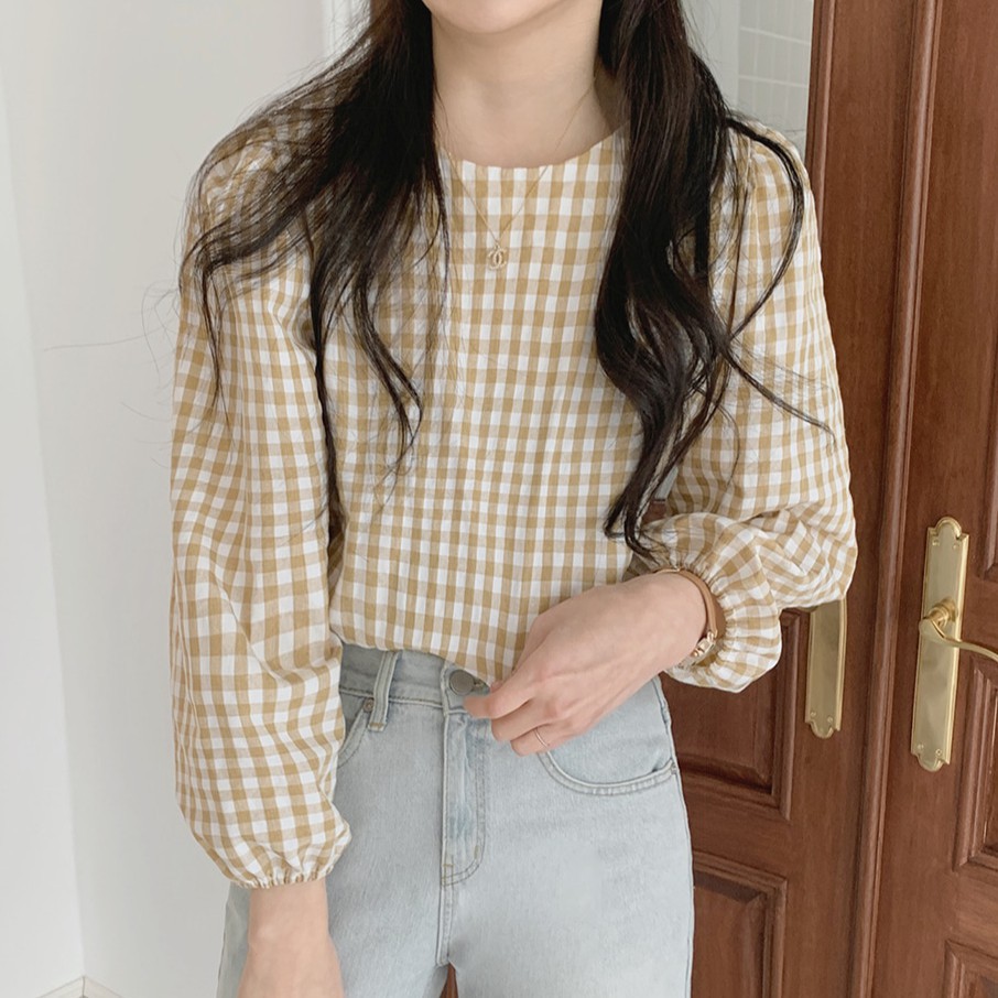 41474 Áo Sơ Mi Tay Dài Cổ Tròn Họa Tiết Kẻ Sọc Ca Rô Phong Cách Hàn Quốc