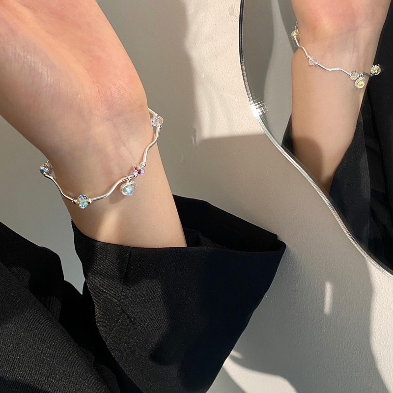 Lắc tay gợn sóng đá moonstone trái tim nhân tạo bạc 925, lắc tay bạc trái tim dây gợn sóng Blackmeo