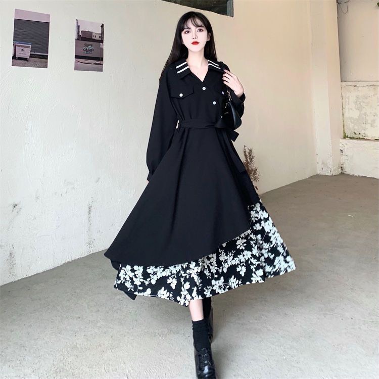 Váy đầm đen phối hoa dài qua gối thắt eo có bigsize phong cách Hàn Quốc MS879