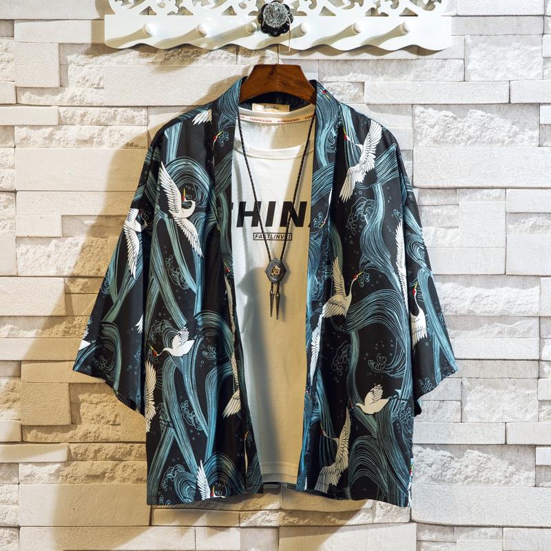 Áo Khoác Kimono Mỏng Dáng Rộng Tay Lửng In Họa Tiết Chim Hạc Thời Trang Mùa Hè Cho Nam 20081105