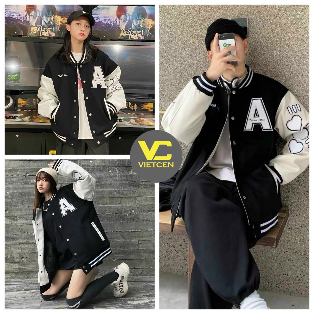 Áo khoác bomber bóng chày A HEART áo khoác unisex bomber chất thô mềm cho nam nữ - VIETCEN