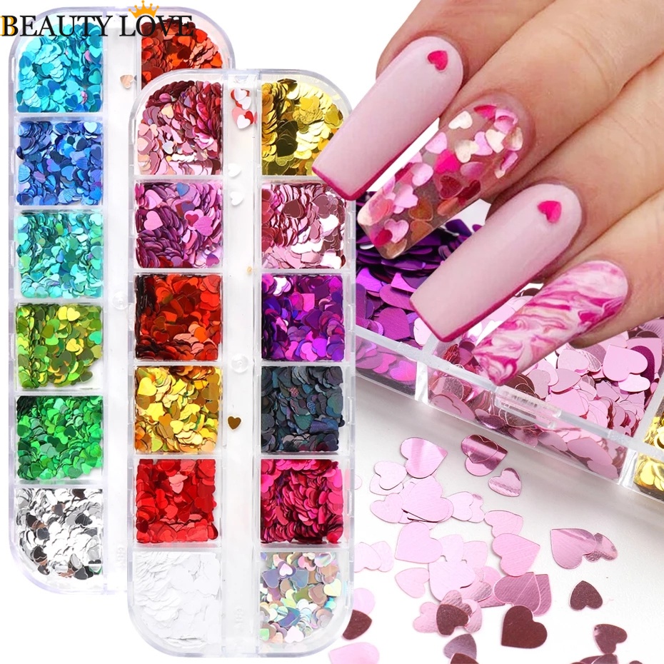 Hộp 12 Hộp Hạt Kim Sa / Trái Tim 3D Trang Trí Móng Tay