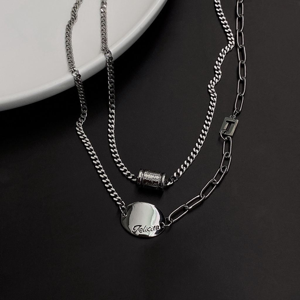Dây Chuyền Hai Lớp Bằng Thép Titan Mặt Hình Học Hạt Tròn Phong Cách Hàn Quốc Thời Trang 22652