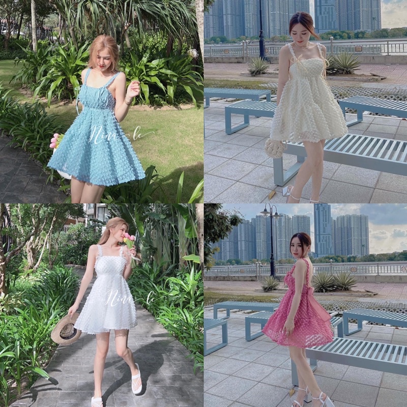 Váy 2 Dây Voan Nổi Nơ Sau Có Đệm Ngực 4 Màu Siêu Xinh