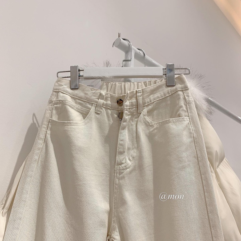 2101353 Quần baggy jeans nữ ulzzang ống vừa dáng đứng phối chun sau 2 màu xanh, be có size | BigBuy360 - bigbuy360.vn