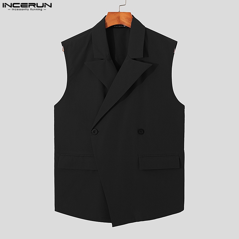 Áo khoác ghi lê INCERUN dáng rộng màu trơn cài hai hàng khuy thời trang trẻ trung dành cho nam