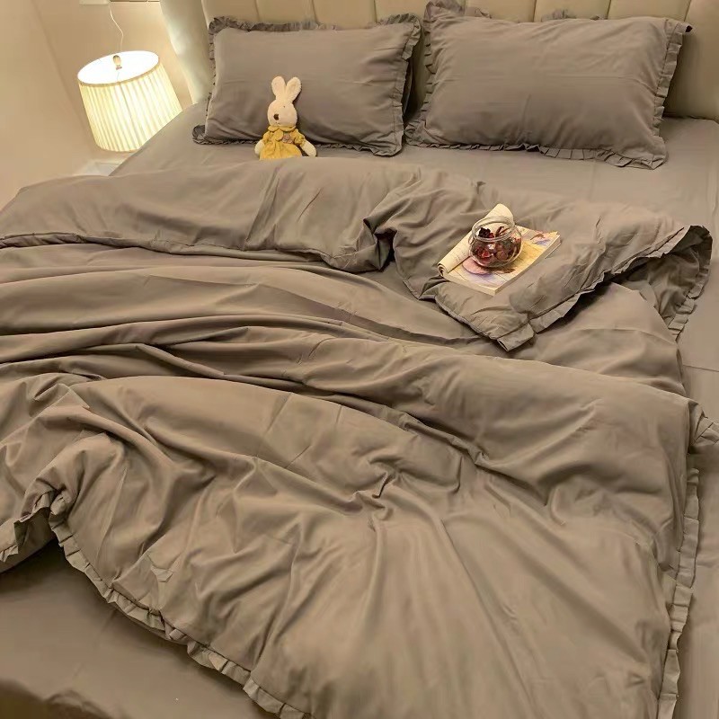 Set Chăn Ga Cotton TC Viền Bèo Xám Ghi Mềm Mát Hàng Chuẩn Xuất Nhất (Shinbedding.shop)