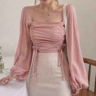 Áo croptop cổ vuông tay dài phồng phối dây rút_áo kiểu