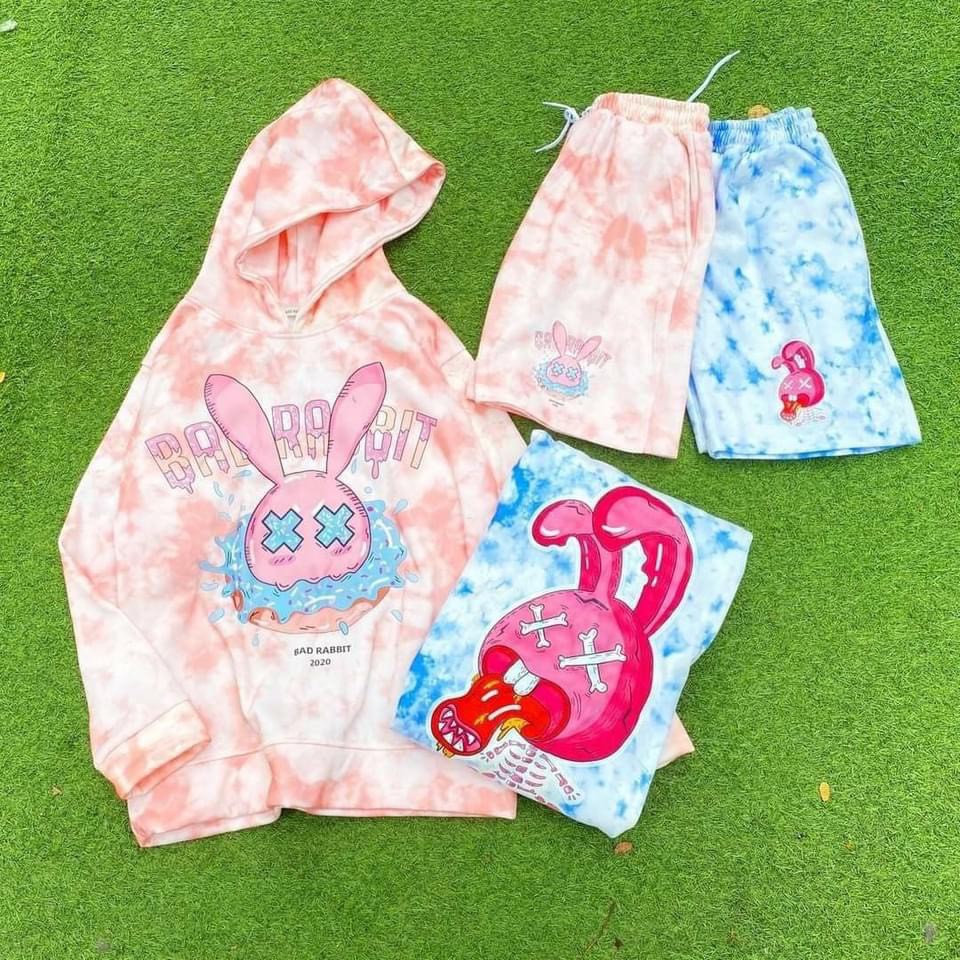 HÌNH THẬT  Set bộ hoodie nỉ + quần short loang màu Tie Dye thỏ Rabbit unisex