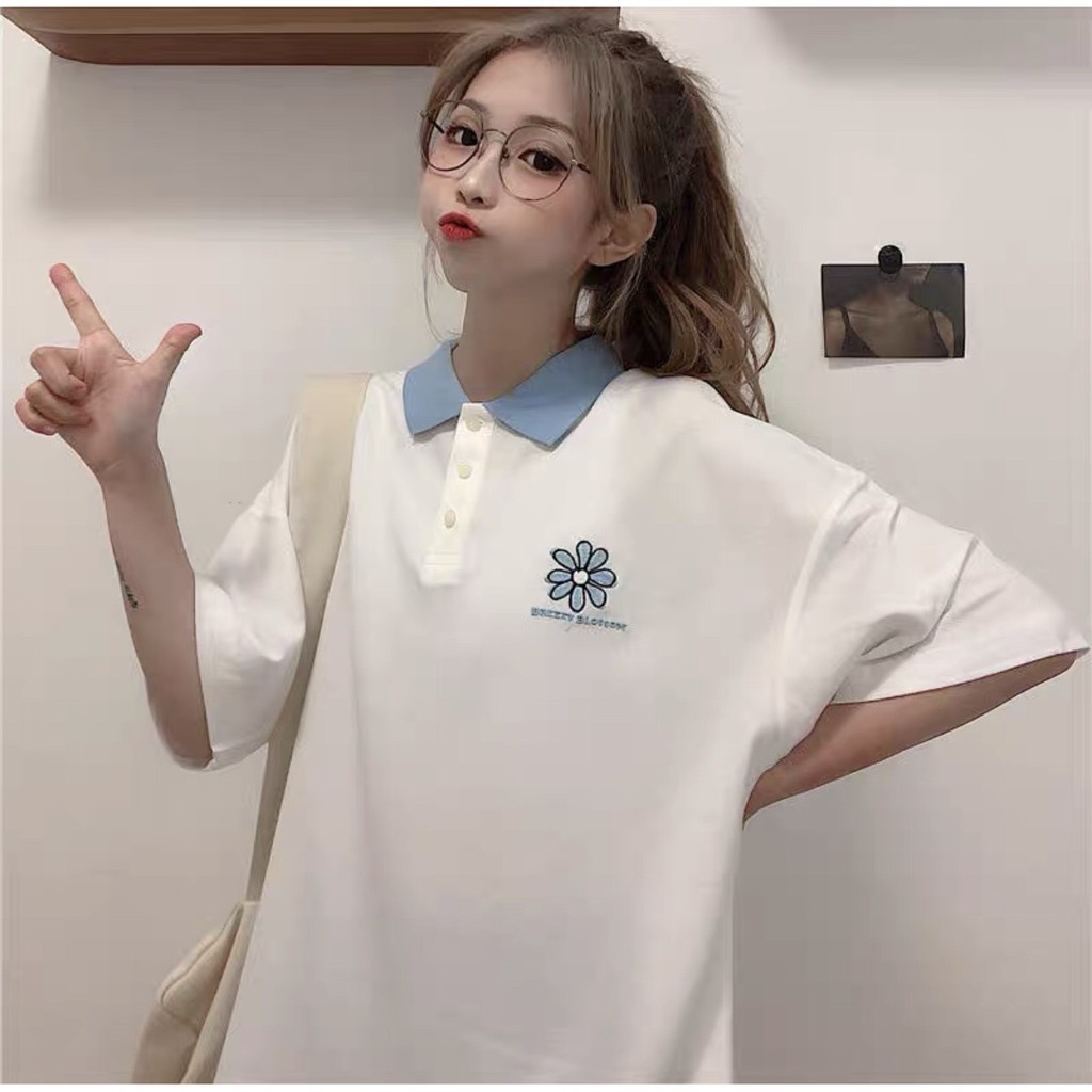 Áo Phông Polo Nữ Thêu Hoa Cúc 🦋 Áo Thun Cotton Cổ Bẻ Cúc Cài 2 Màu Xanh Mint Trắng Unisex