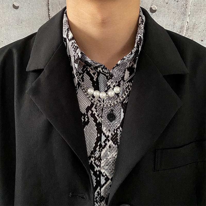 Vòng cổ Hai Lớp Bằng Thép Titan Đính Ngọc Trai Phong Cách Hip Hop Đường Phố Cá Tính