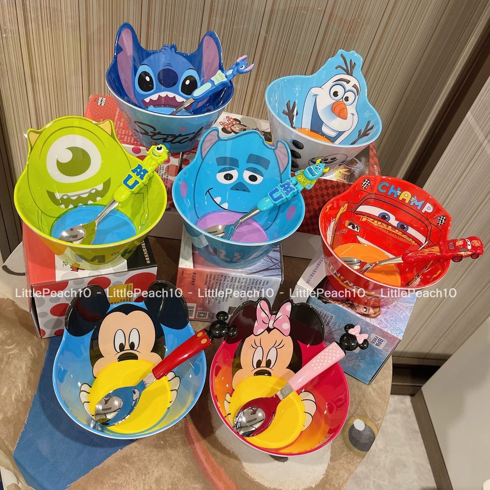Set bộ Combo 2 món Chén và muỗng Disney nổi 3D Frozen Car Mike Sulley Princess Mickey cho trẻ em