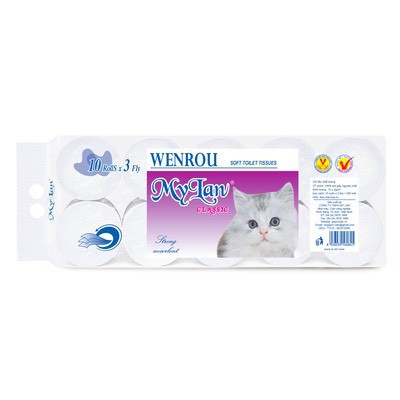 giấy vệ sinh mylan mèo tím wenrou 3 lớp chiết xuất 100% bột gỗ thông nguyên chất ( 10 cuộn/ 1.7kg/ xách )