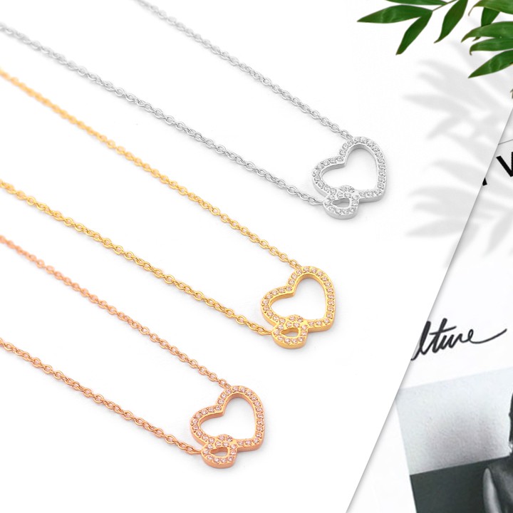 Dây chuyền nữ titan cao cấp trái tim đôi đính đá siêu đẹp, bền màu, hợp thời trang