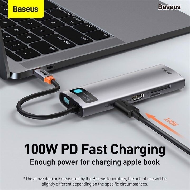 Hub chuyển đổi đa năng 8 trong 1 Baseus CAHUB-CV0G ( Type-C to HDMI/ USB3.0/ LAN / SD Card Reader/ Type C PD 100W)