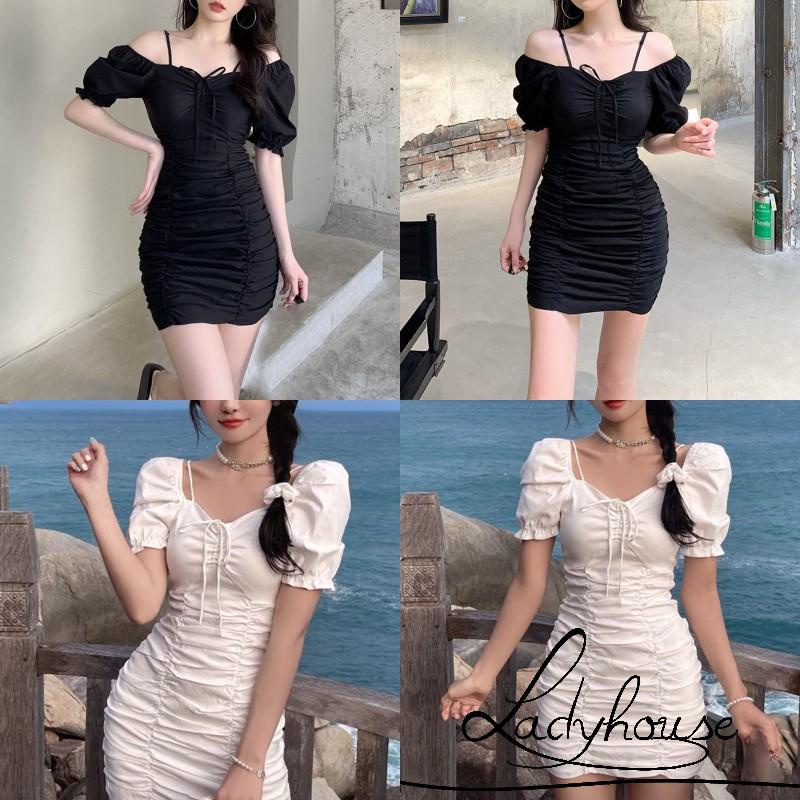 Đầm ngắn tay phồng màu trơn phối dây rút thời trang mùa hè quyến rũ cho nữ