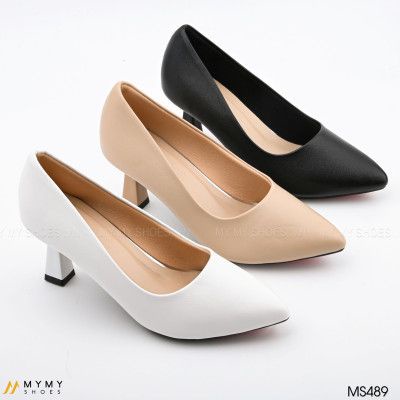 Giày Cao Gót Đế Vuông Mymyshoes Da Lì Trơn, Mũi Nhọn, Đế 7P (MS489)
